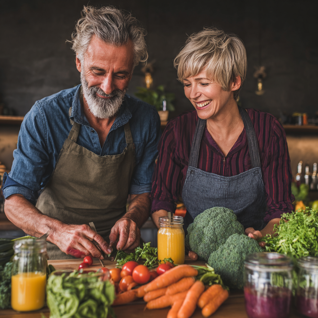 Middle-aged adults practicing holistic health approach with natural foods and wellness