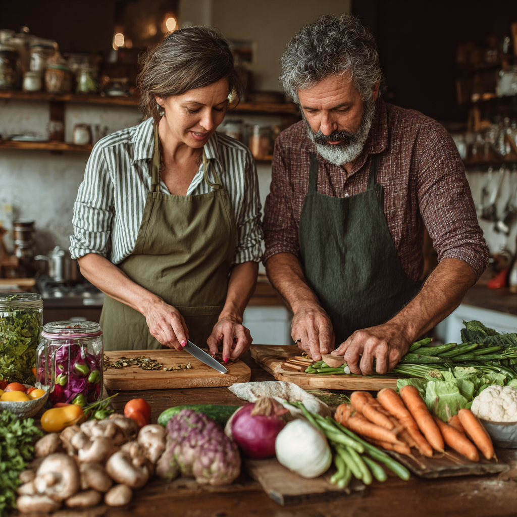 Middle-aged adults preparing nutritious meal with fresh organic ingredients